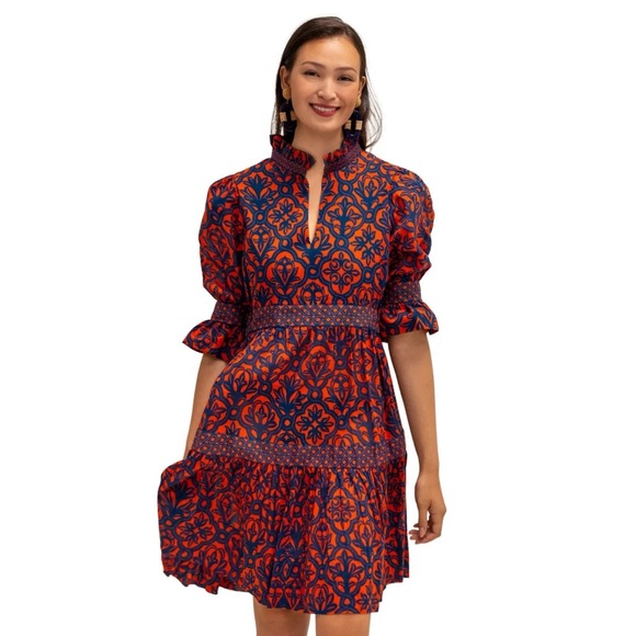 GRETCHEN SCOTT Cotton Teardrop Dress in Wall of Secrets Print Navy/Tomato - Picture 4 of 12